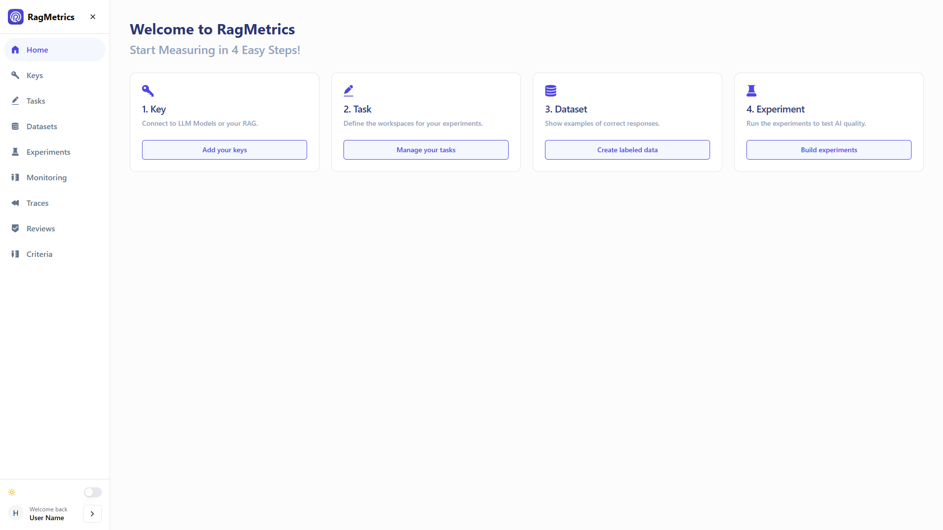 RagMetrics Welcome - Start Measuring in 4 Easy Steps